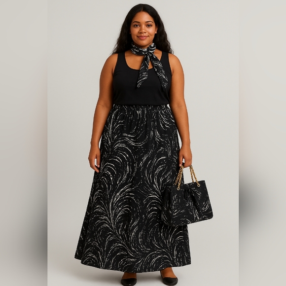 Abstract Maxi Elegant Black and White Women's Skirt With Matching Bag & Scarf - Picture 1 of 5